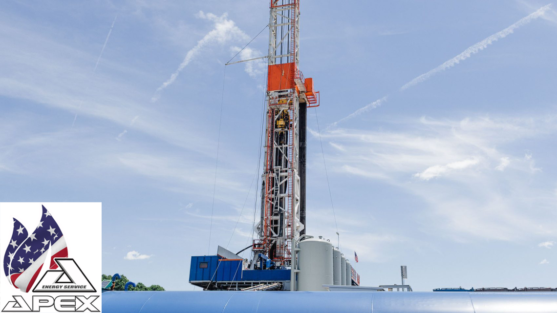 natural gas rig with blue sky in background with Apex Energy's logo